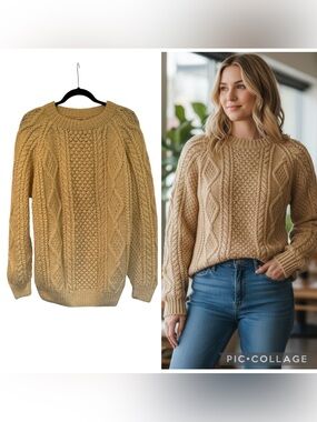 Blarney Woollen Mills Irish Aran Wool Ivory Fisherman Sweater Size L